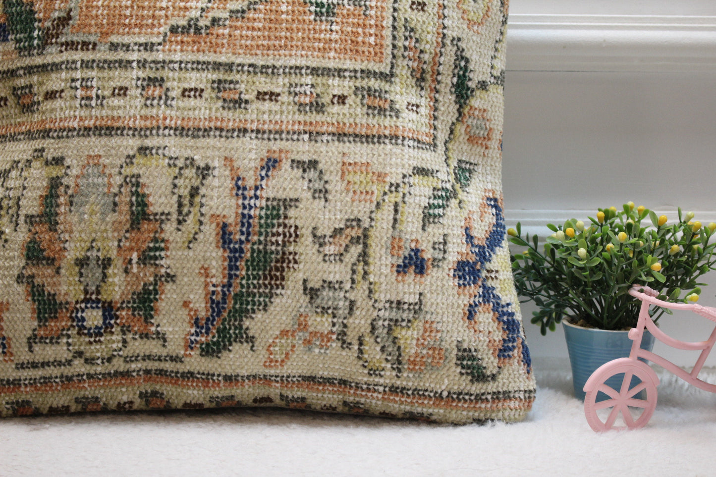 Handmade Turkish Rug Pillow Cover: Orange Beige Floral, 16x16 inc