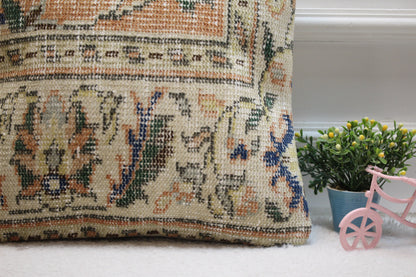 Handmade Turkish Rug Pillow Cover: Orange Beige Floral, 16x16 inc