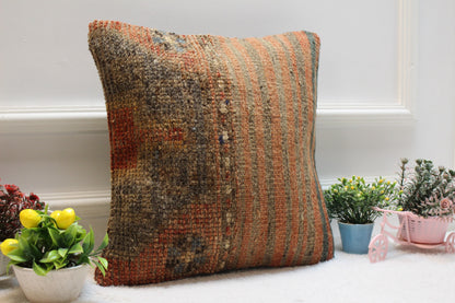 Handmade Kilim Pillow Cover: Vintage Upcycled Wool, 16x16 inch