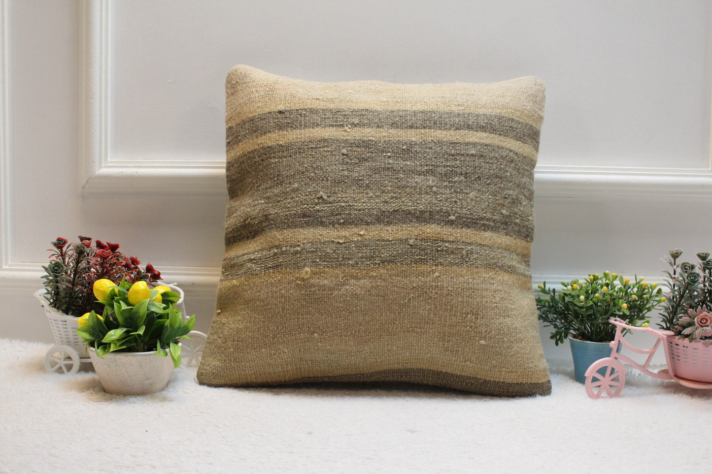 Handmade Striped Kilim Pillow Cover: Beige Organic Wool, 16x16 inch