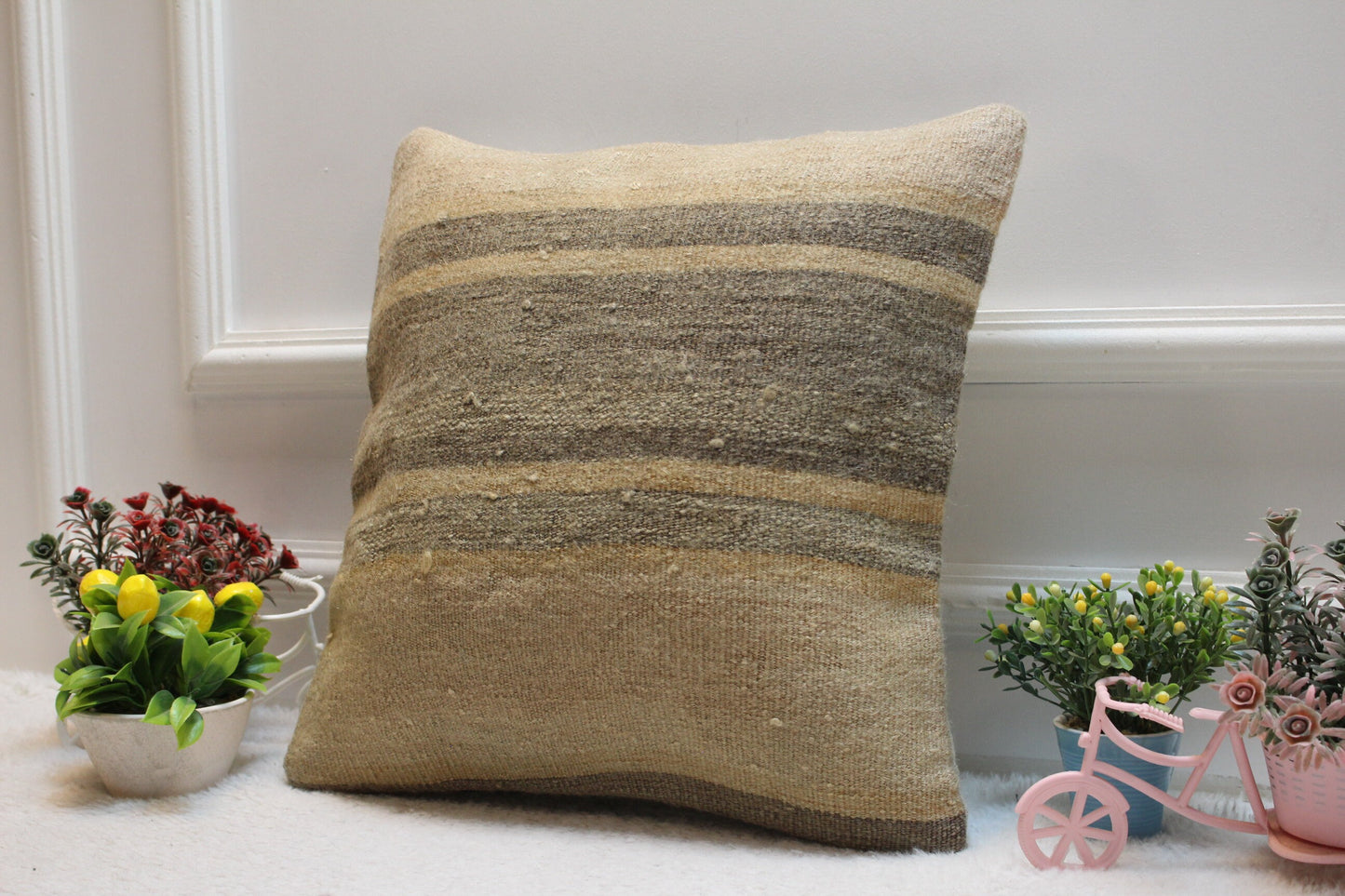 Handmade Striped Kilim Pillow Cover: Beige Organic Wool, 16x16 inch