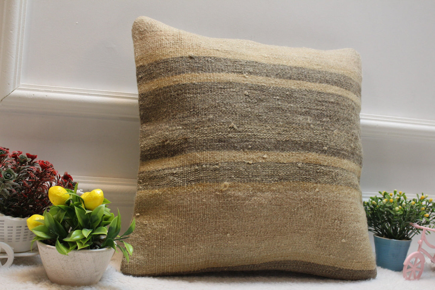 Handmade Striped Kilim Pillow Cover: Beige Organic Wool, 16x16 inch