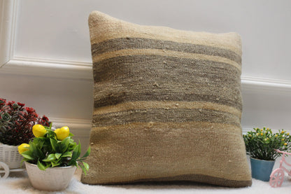 Handmade Striped Kilim Pillow Cover: Beige Organic Wool, 16x16 inch