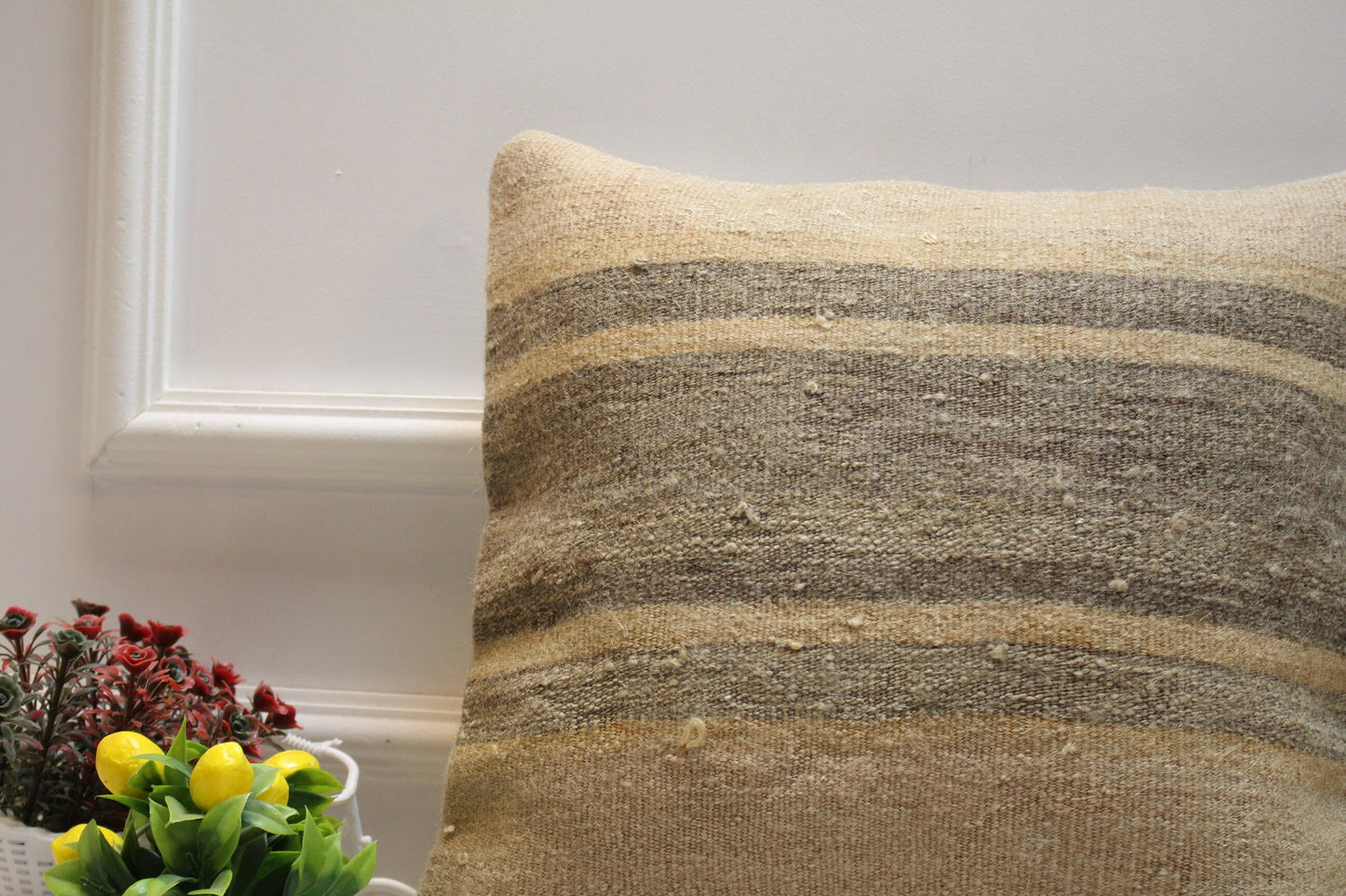 Handmade Striped Kilim Pillow Cover: Beige Organic Wool, 16x16 inch