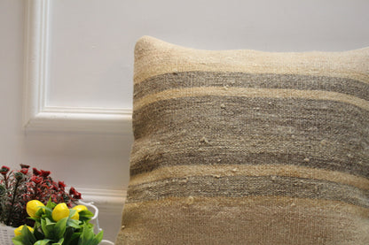 Handmade Striped Kilim Pillow Cover: Beige Organic Wool, 16x16 inch