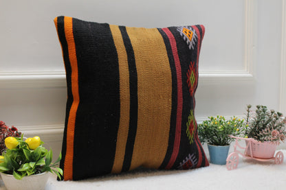 Striped Kilim Pillow Cover: Handmade Woven Wool, 16x16 inc