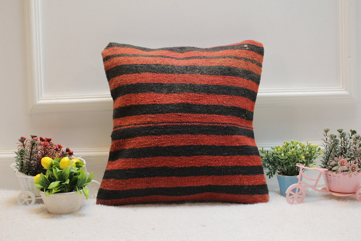 Handmade Striped Kilim Pillow Cover: Red & Black Woven Rug, 16x16 inch