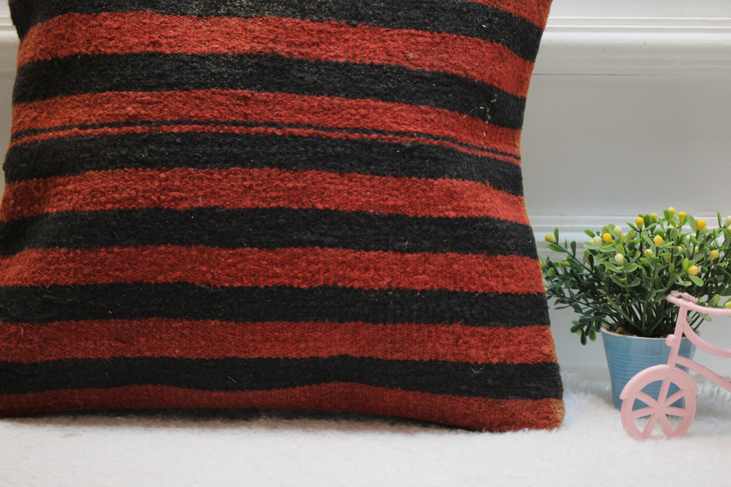 Handmade Striped Kilim Pillow Cover: Red & Black Woven Rug, 16x16 inch