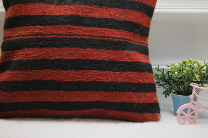 Handmade Striped Kilim Pillow Cover: Red & Black Woven Rug, 16x16 inch