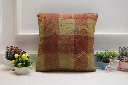 Handmade Square Kilim Pillow Cover: Red Beige Turkish Woven Rug (16x16 in)
