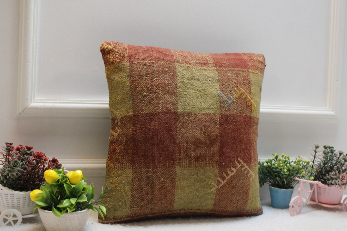 Handmade Square Kilim Pillow Cover: Red Beige Turkish Woven Rug (16x16 in)