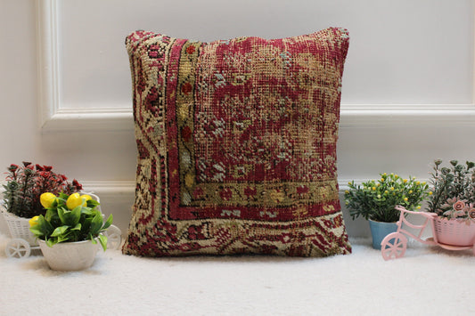 Red Vintage Turkish Rug Pillow Cover: Handmade Wool Kilim, 16x16