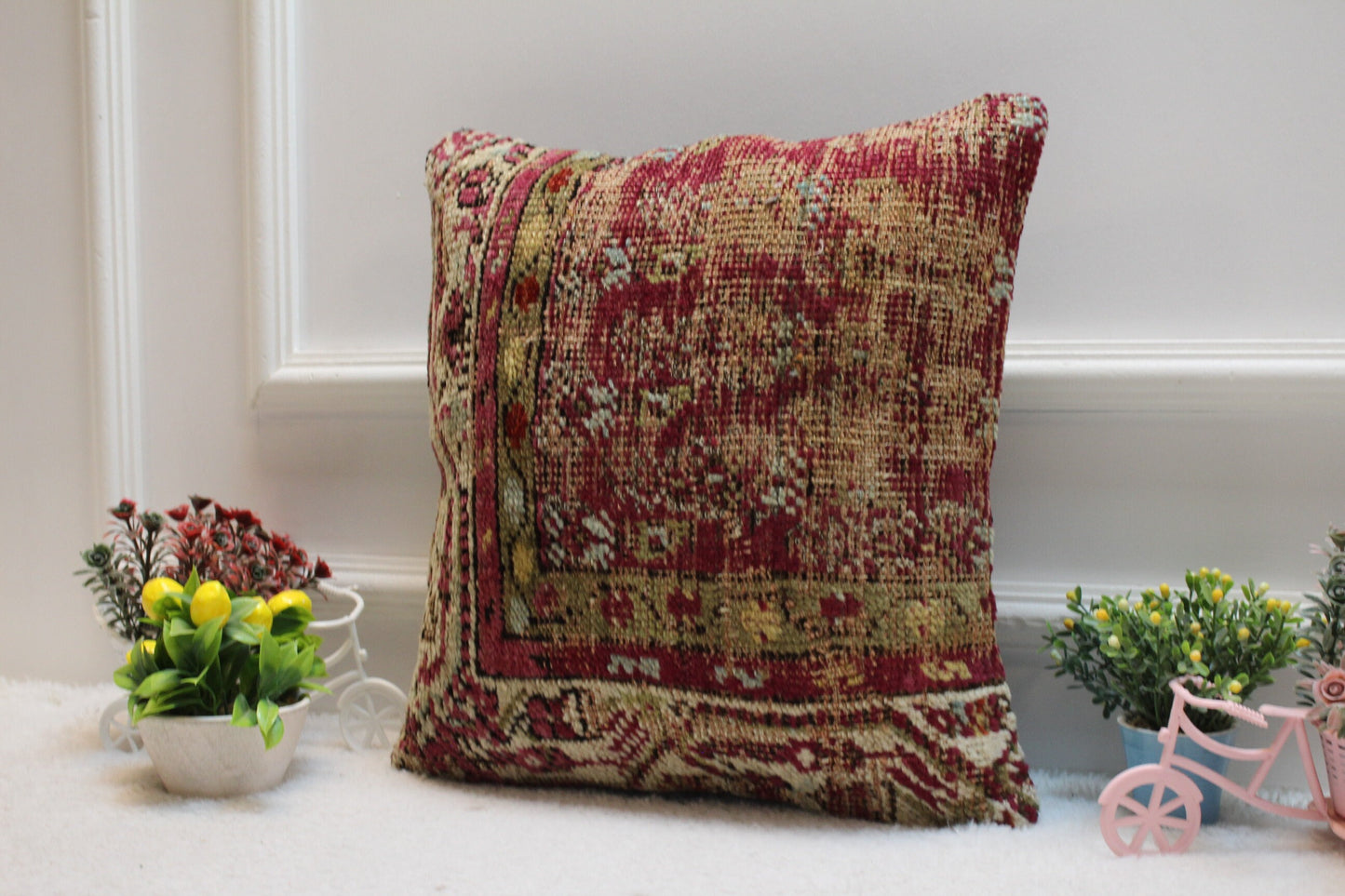 Red Vintage Turkish Rug Pillow Cover: Handmade Wool Kilim, 16x16