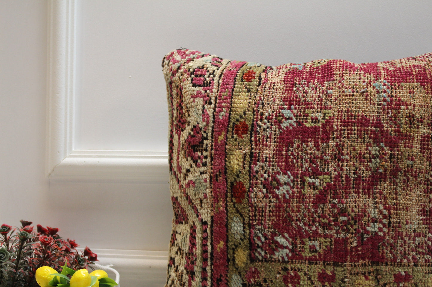 Red Vintage Turkish Rug Pillow Cover: Handmade Wool Kilim, 16x16