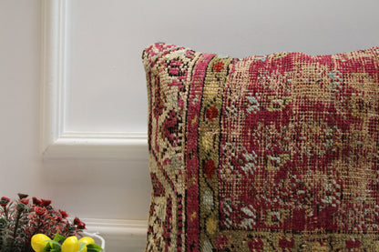 Red Vintage Turkish Rug Pillow Cover: Handmade Wool Kilim, 16x16