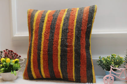 Handmade Striped Kilim Pillow Cover: Red, Black & Yellow, 16x16 inc