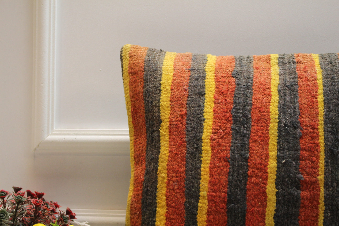 Handmade Striped Kilim Pillow Cover: Red, Black & Yellow, 16x16 inc