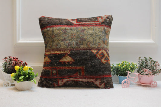 Handmade Turkish Kilim Pillow Cover: Upcycled Woven Rug, 16x16 inc.
