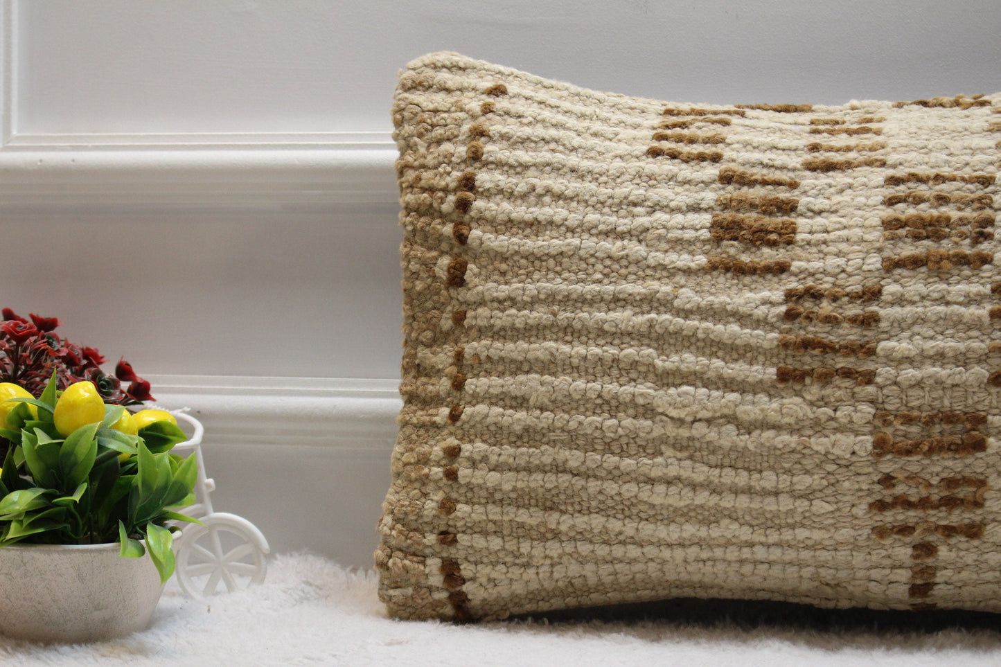 Geometric Turkish Rug Lumbar Pillow Cover: Vintage Woven Wool, 12x20 inch
