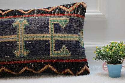 Geometric Turkish Rug Lumbar Pillow Cover: Black Vintage Woven Pillow (12x20 in)