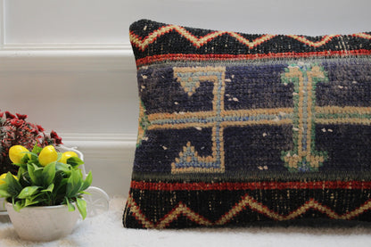 Geometric Turkish Rug Lumbar Pillow Cover: Black Vintage Woven Pillow (12x20 in)