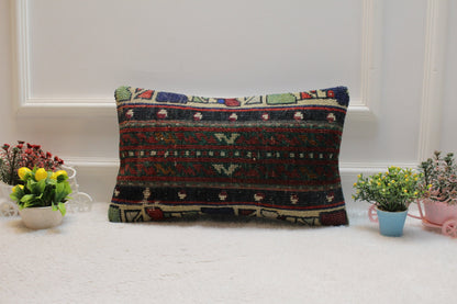 Handmade Turkish Rug Lumbar Pillow Cover: Patchwork Wool Kilim, 12x20 inc