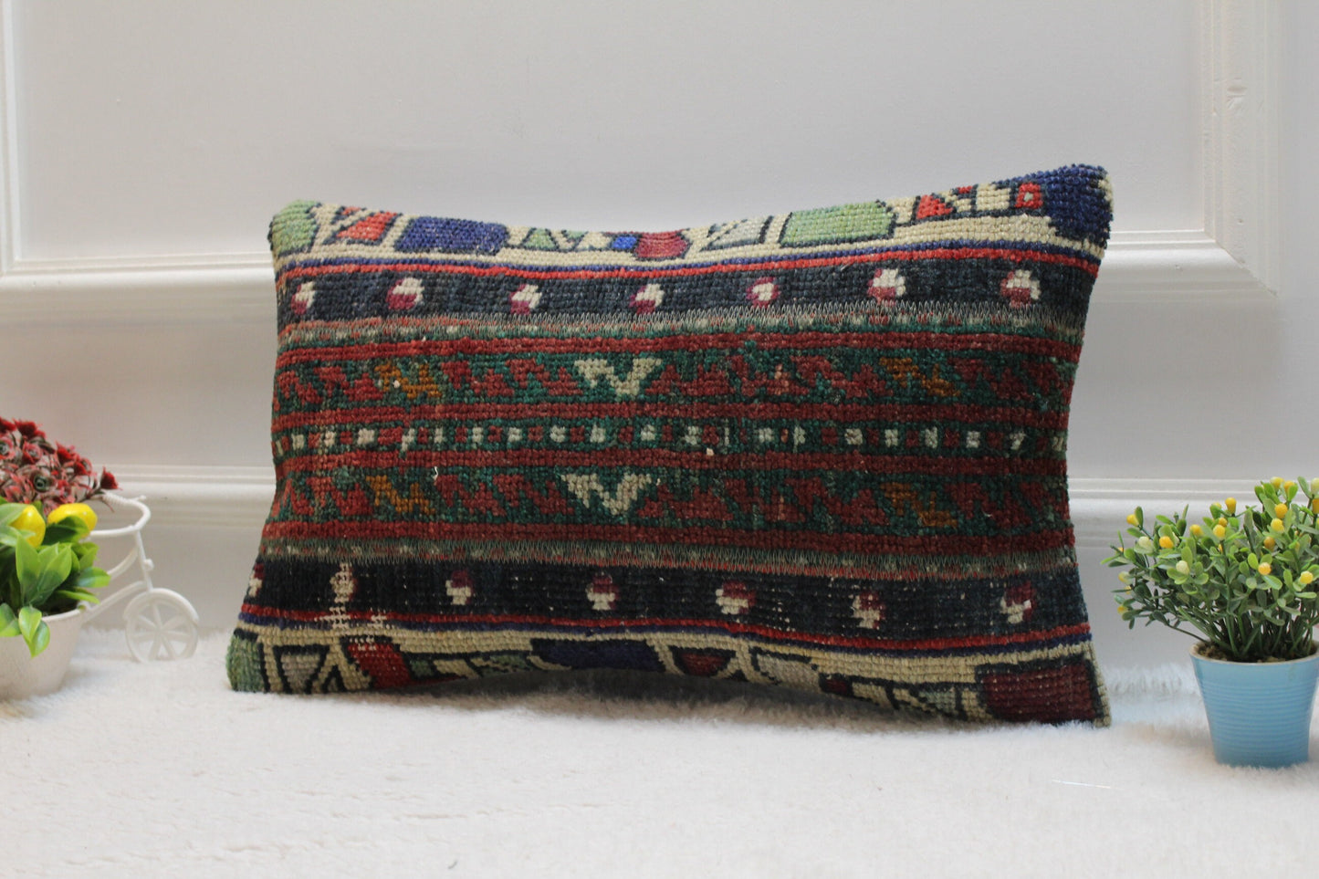 Handmade Turkish Rug Lumbar Pillow Cover: Patchwork Wool Kilim, 12x20 inc