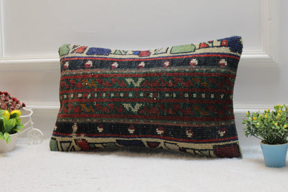 Handmade Turkish Rug Lumbar Pillow Cover: Patchwork Wool Kilim, 12x20 inc