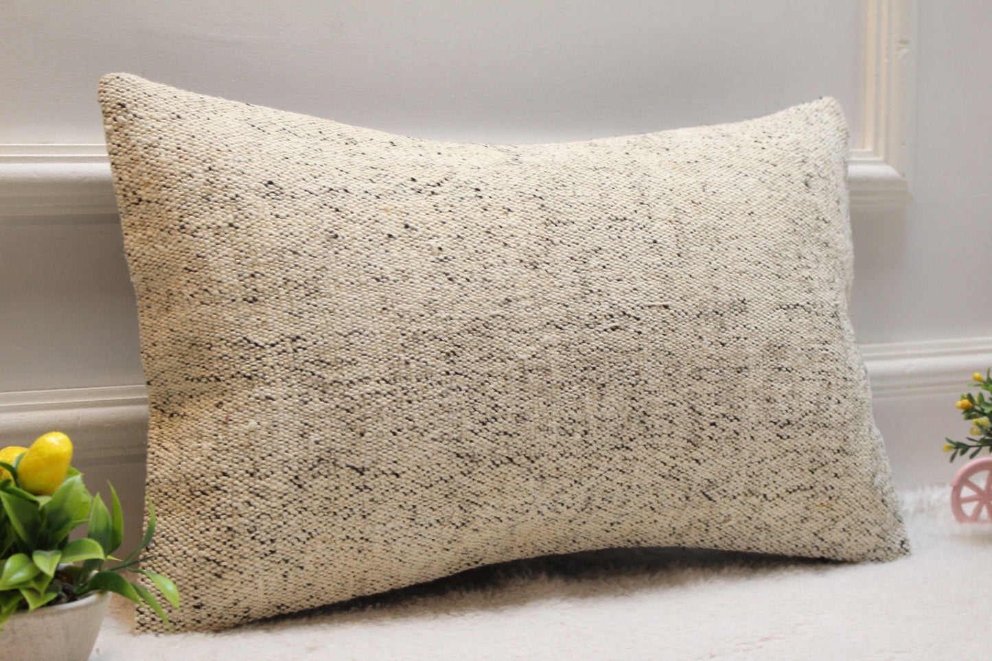 Handmade Kilim Lumbar Pillow Cover: Organic Wool, Beige & White (12x20 in)