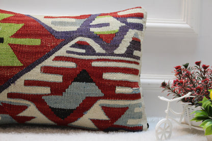Geometric Kilim Pillow Cover: Handmade Turkish Wool Lumbar Pillow (12x20 in)