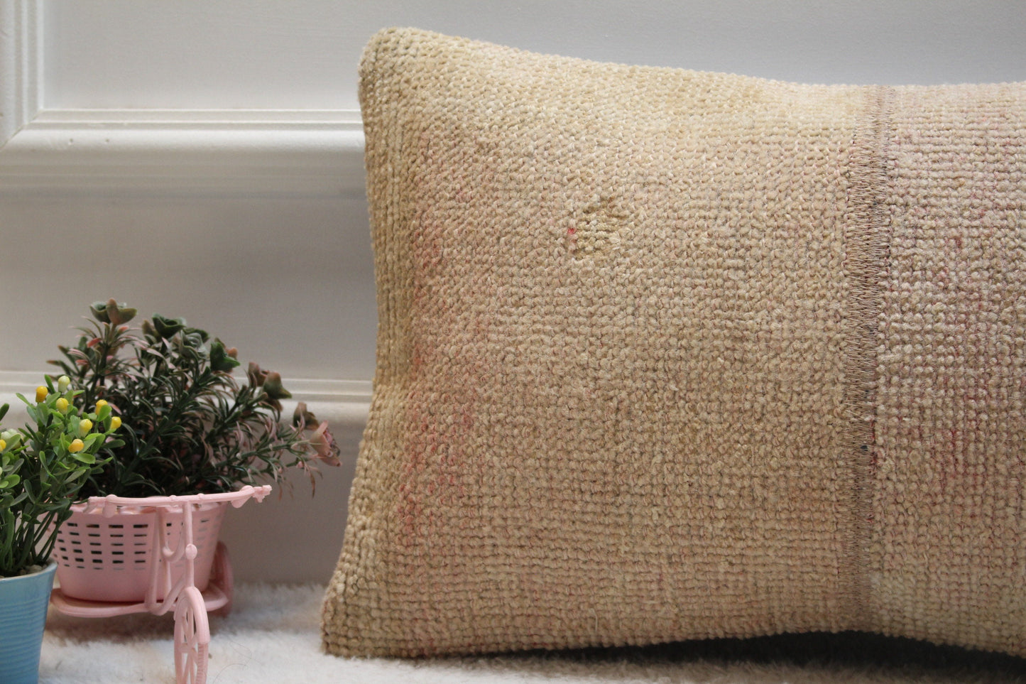 Handmade Turkish Rug Pillow Cover: Vintage Beige Wool, 12x20 inch