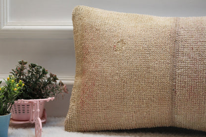 Handmade Turkish Rug Pillow Cover: Vintage Beige Wool, 12x20 inch