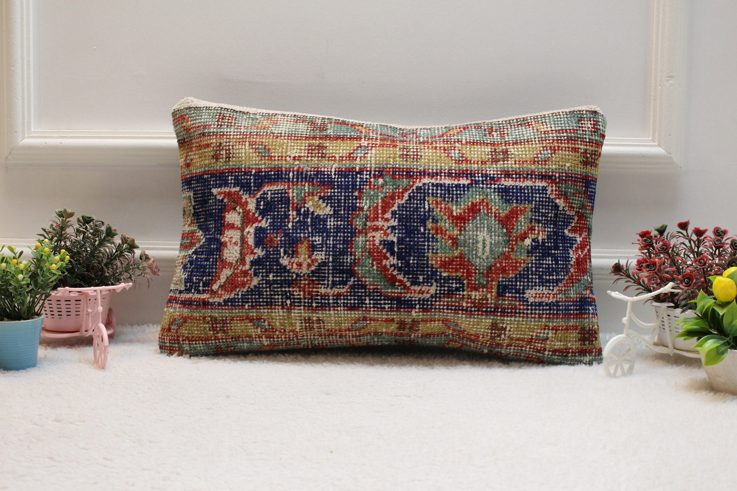 Blue Vintage Turkish Rug Lumbar Pillow Cover: Handmade Wool, 12x20 inch
