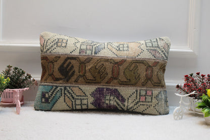 Handmade Turkish Rug Lumbar Pillow Cover: Vintage Patchwork Kilim (12x20 in)