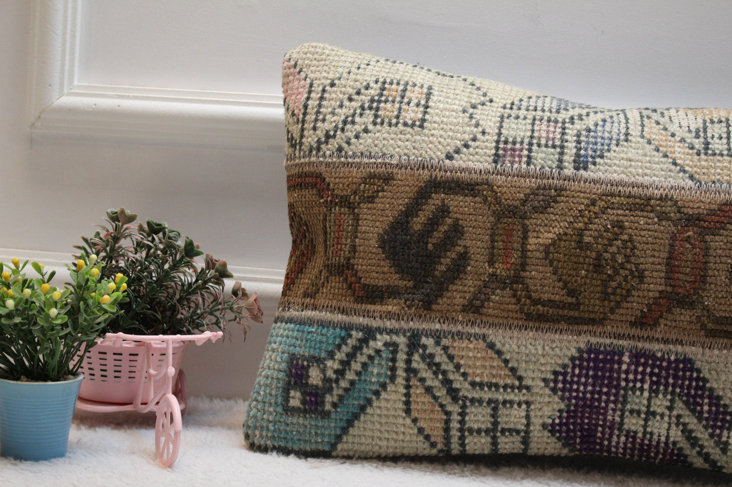 Handmade Turkish Rug Lumbar Pillow Cover: Vintage Patchwork Kilim (12x20 in)