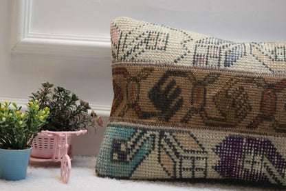 Handmade Turkish Rug Lumbar Pillow Cover: Vintage Patchwork Kilim (12x20 in)