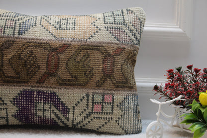 Handmade Turkish Rug Lumbar Pillow Cover: Vintage Patchwork Kilim (12x20 in)