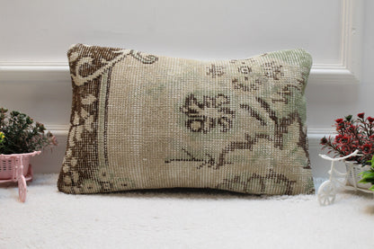 Vintage Turkish Rug Lumbar Pillow Cover: Beige Brown Wool, 12x20 inch