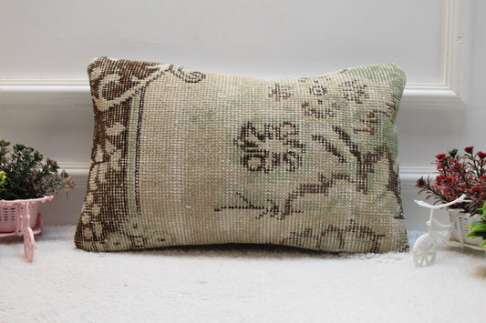 Vintage Turkish Rug Lumbar Pillow Cover: Beige Brown Wool, 12x20 inch