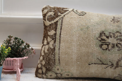 Vintage Turkish Rug Lumbar Pillow Cover: Beige Brown Wool, 12x20 inch