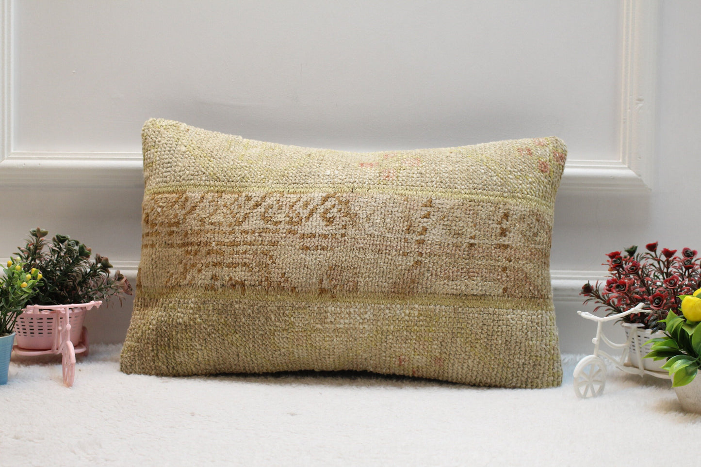 Handmade Turkish Rug Lumbar Pillow Cover: Organic Wool Patchwork (12x20 in)