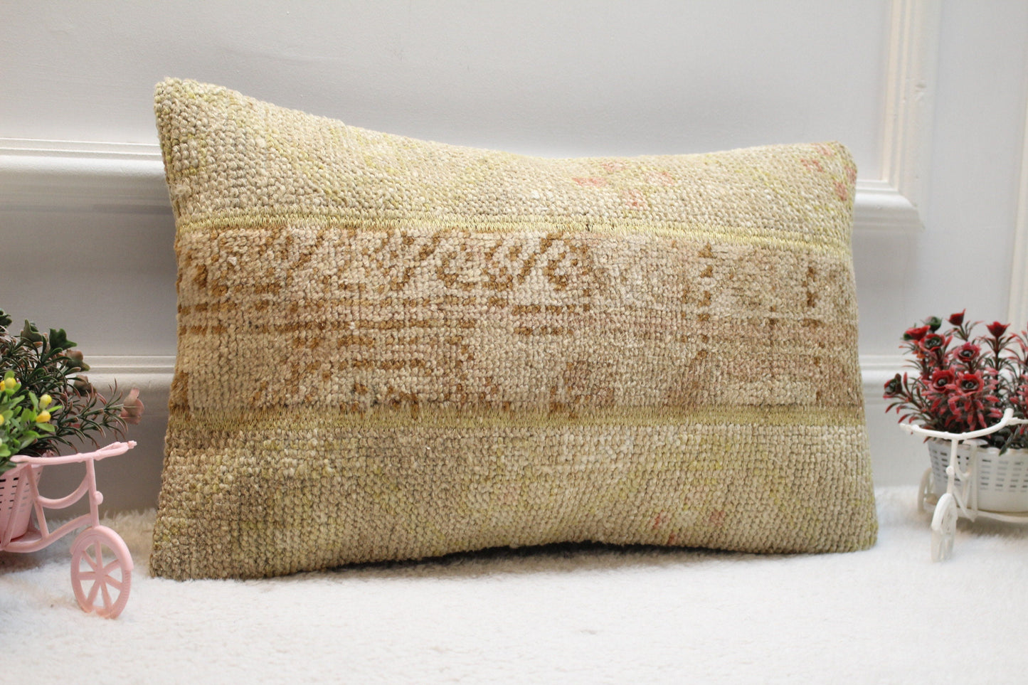 Handmade Turkish Rug Lumbar Pillow Cover: Organic Wool Patchwork (12x20 in)