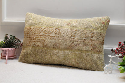 Handmade Turkish Rug Lumbar Pillow Cover: Organic Wool Patchwork (12x20 in)