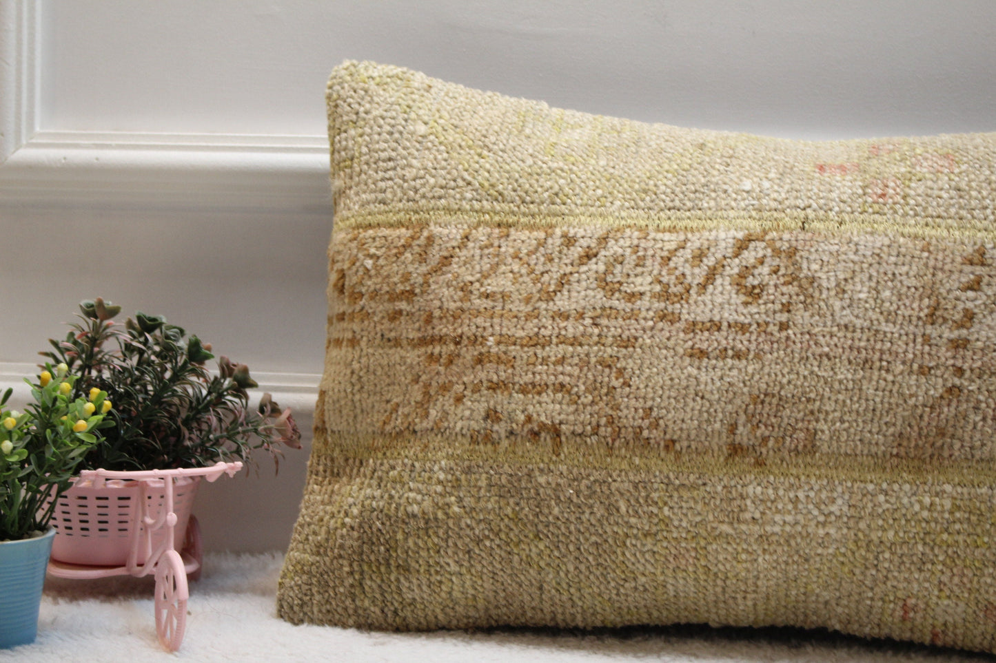 Handmade Turkish Rug Lumbar Pillow Cover: Organic Wool Patchwork (12x20 in)