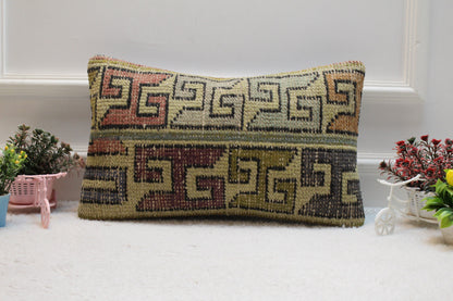 Handmade Wool Lumbar Pillow Cover: Turkish Kilim Rug, 12x20 inch