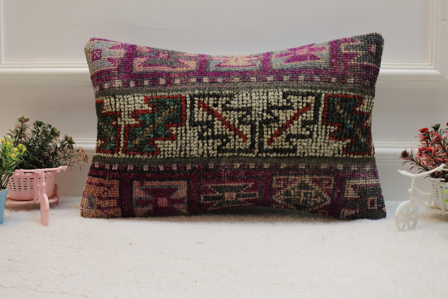 Purple Turkish Rug Lumbar Pillow Cover: Vintage Kilim, 12x20 inc