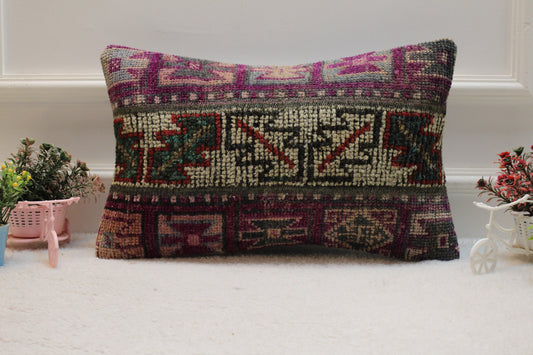 Purple Turkish Rug Lumbar Pillow Cover: Vintage Kilim, 12x20 inc