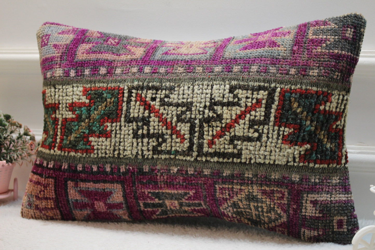 Purple Turkish Rug Lumbar Pillow Cover: Vintage Kilim, 12x20 inc