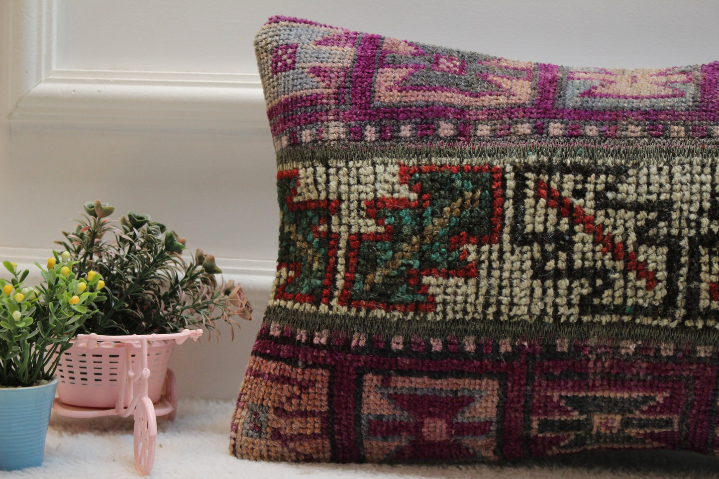 Purple Turkish Rug Lumbar Pillow Cover: Vintage Kilim, 12x20 inc