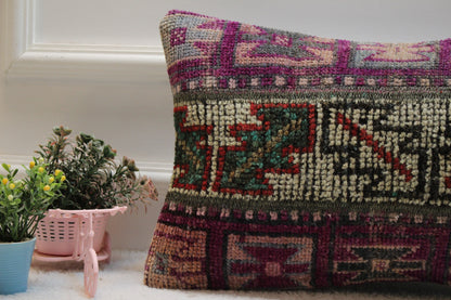 Purple Turkish Rug Lumbar Pillow Cover: Vintage Kilim, 12x20 inc